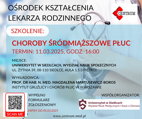 Zapraszamy do udziału w szkoleniu "Choroby śródmiąższowe płuc z włóknieniem. Wybrane aspekty istotne w praktyce klinicznej".  Termin: 11.03.2025, godz. 16:00.